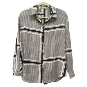 Eesome Navy/White Button Down Gold Tone Buttons Lightweight Career Oversized Med